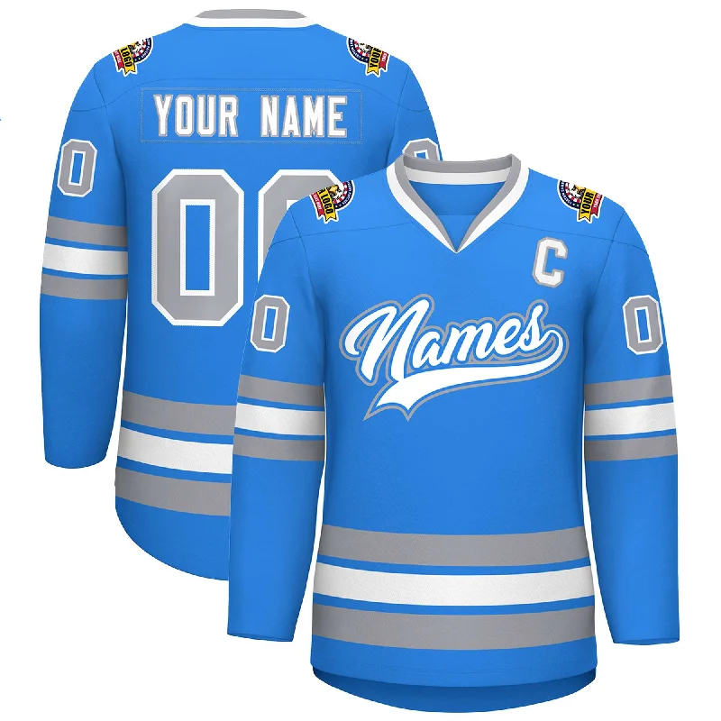 Custom Powder Blue White Powder Blue-Gray Classic Style Hockey Jersey Tough Men's Military