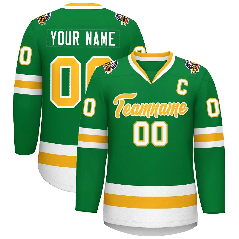 Custom Kelly Green Gold-White Classic Style Hockey Jersey Refined Men's Velvet