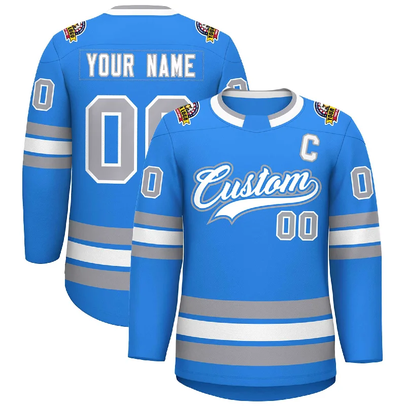 Custom Powder Blue White Powder Blue-Gray Classic Style Hockey Jersey Preppy Men's College