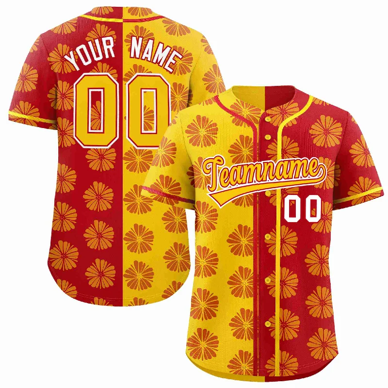 Custom Gold Red Split Fashion Flower Graffiti Pattern Authentic Baseball Jersey Refined Men's Velvet