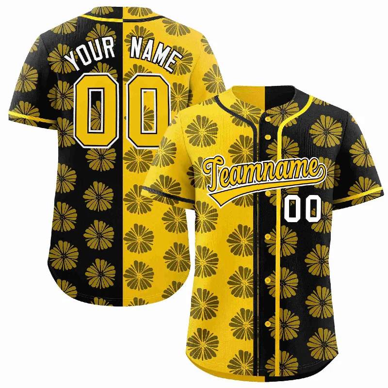 Custom Gold Black Split Fashion Flower Graffiti Pattern Authentic Baseball Jersey Earthy Men's Hemp