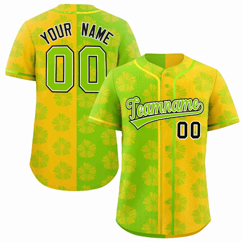 Custom Neon Green Gold Split Fashion Flower Graffiti Pattern Authentic Baseball Jersey Youthful Men's Pop