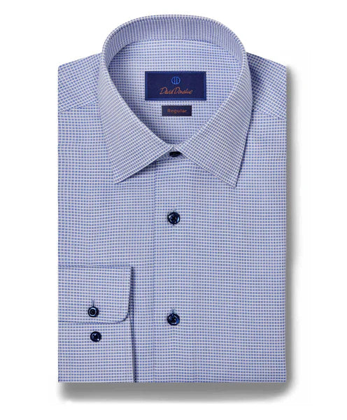 David Donahue Blue Grid Micro Dobby Dress Shirt (Regular Fit) Refined Men's Hand