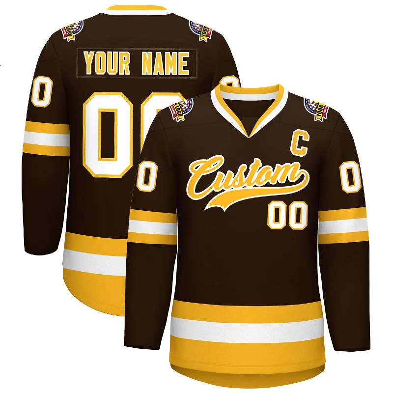 Custom Brown Gold-White Classic Style Hockey Jersey Trendy Men's Scandinavian