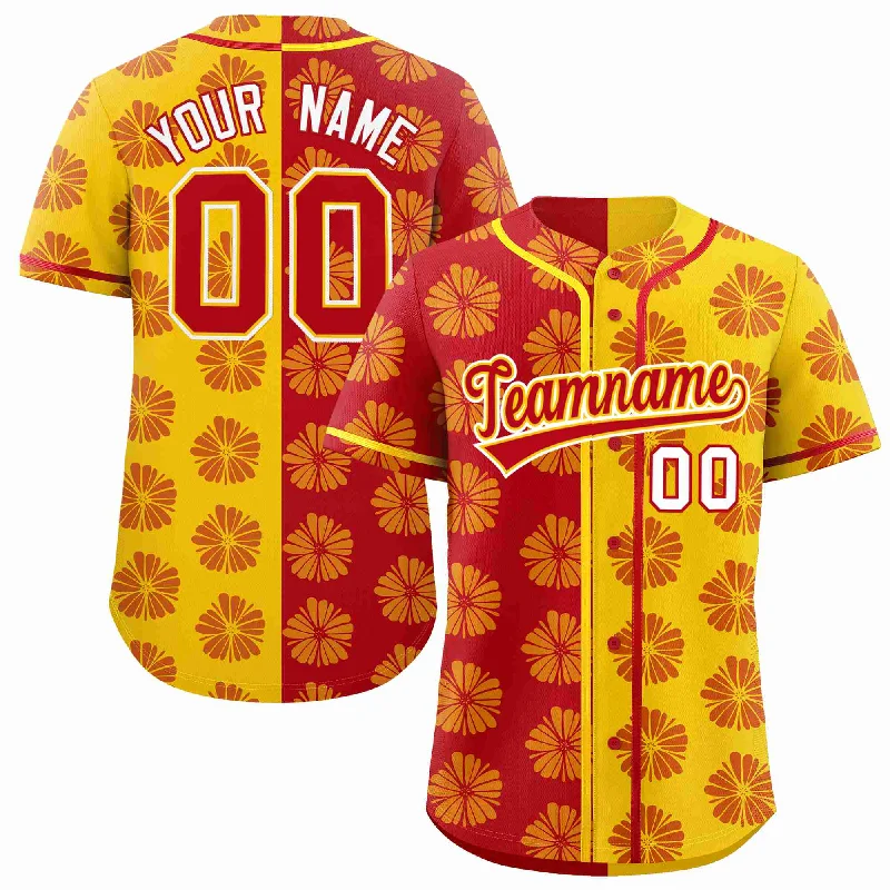 Custom Red Gold Split Fashion Flower Graffiti Pattern Authentic Baseball Jersey Business