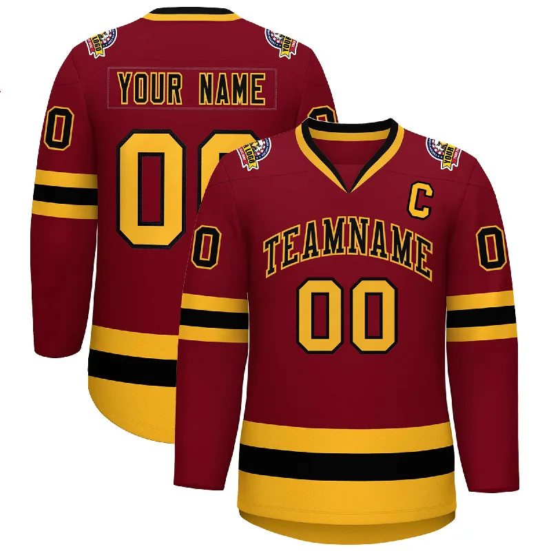 Custom Crimson Black-Gold Classic Style Hockey Jersey Relaxed Men's Beach