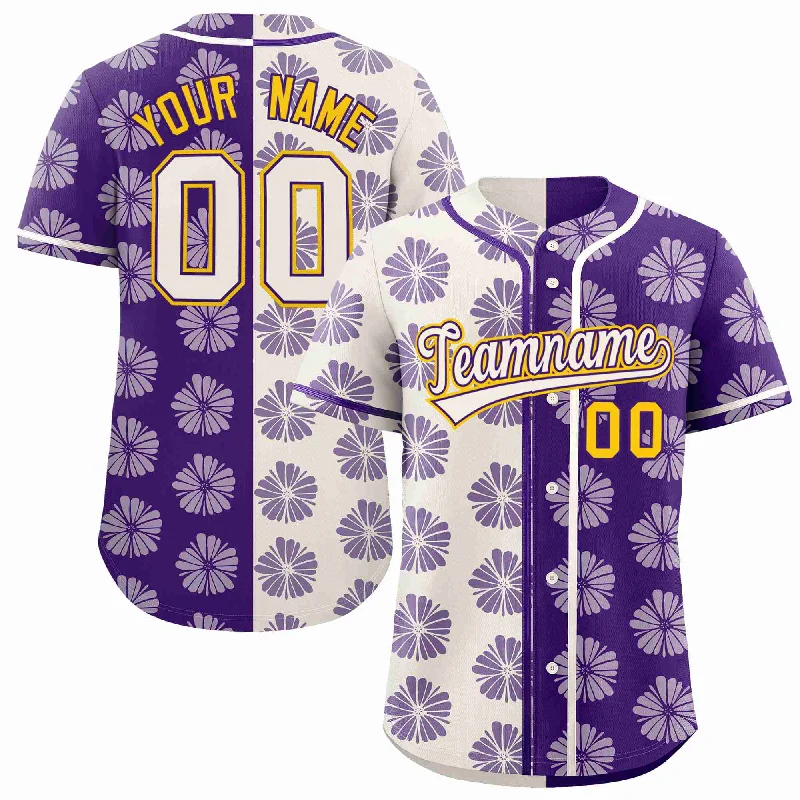 Custom Cream Purple Split Fashion Flower Graffiti Pattern Authentic Baseball Jersey Modern Men's Geometric