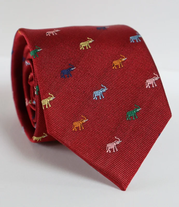 The Shirt Shop Tie - Crimson w/ Multi-Color Elephants Cclassic Men's Tweed