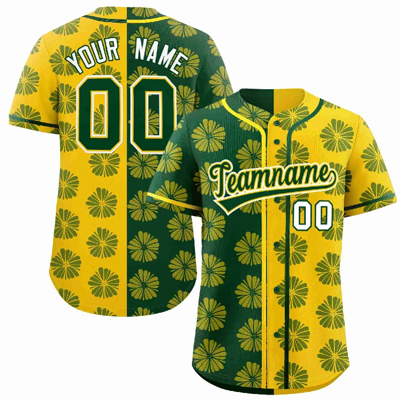 Custom Green Gold Split Fashion Flower Graffiti Pattern Authentic Baseball Jersey Cool Men's Distressed