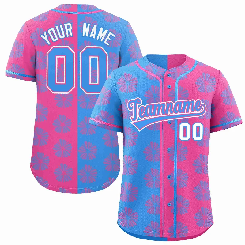 Custom Powder Blue Pink Split Fashion Flower Graffiti Pattern Authentic Baseball Jersey Tough Men's Military