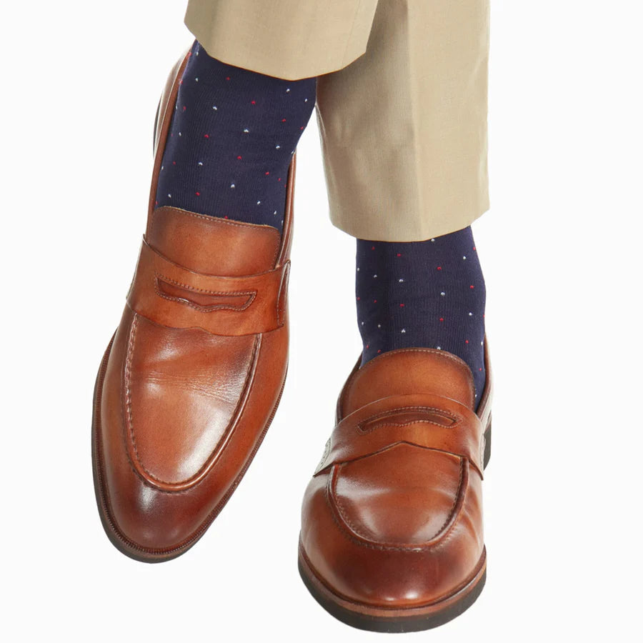 The Shirt Shop Dress Socks - Navy with Flags and Pindots (2 Lengths) Street