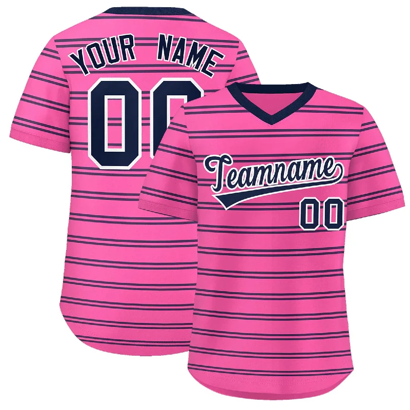 Custom Pink Navy Personalized Horizontal Stripe Authentic Pullover Baseball Jersey Athletic Men's Compression