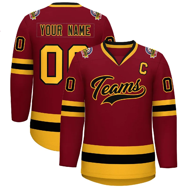 Custom Crimson Black-Gold Classic Style Hockey Jersey Sophisticated Men's French