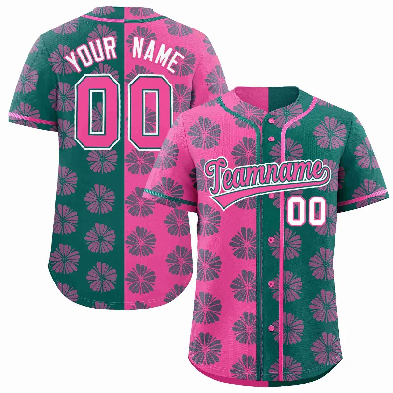 Custom Pink Aqua Split Fashion Flower Graffiti Pattern Authentic Baseball Jersey Laid