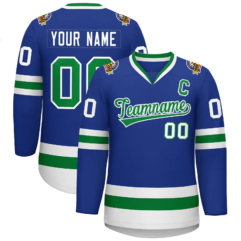 Custom Royal Kelly Green-White Classic Style Hockey Jersey Laid