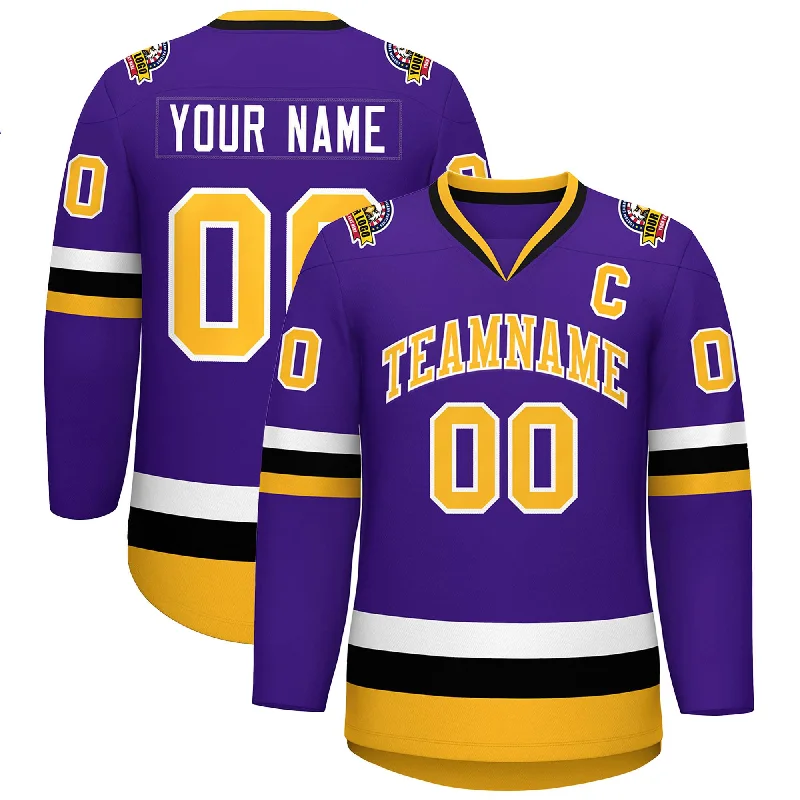 Custom Purple Gold-White Classic Style Hockey Jersey Artistic Men's Hand