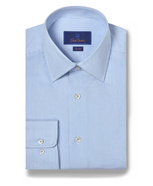 David Donahue Blue & White Fine Stripe Dress Shirt (Trim Fit) Trendy Men's Bucket