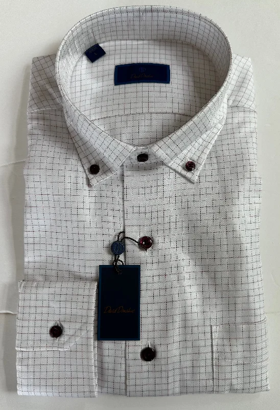 David Donahue White/Crimson/Grey Casual Button Down Modern Men's Geometric