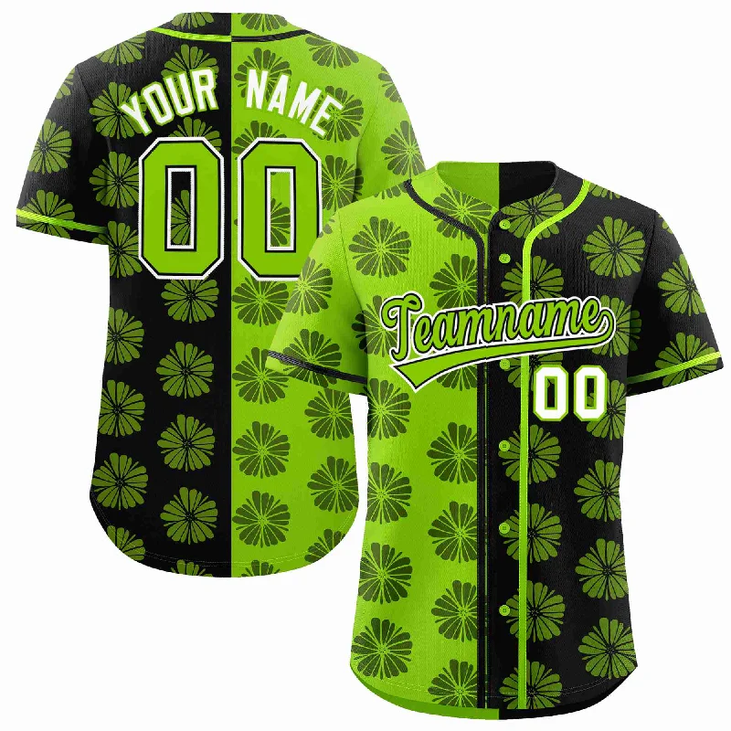 Custom Neon Green Black Split Fashion Flower Graffiti Pattern Authentic Baseball Jersey Monochromatic All