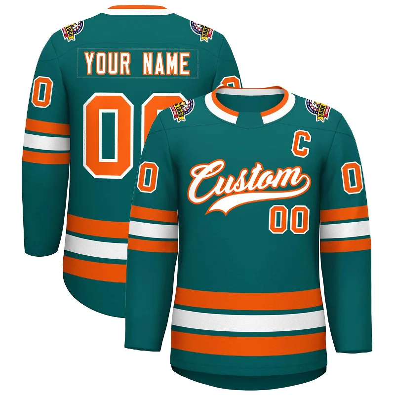 Custom Teal White-Orange Classic Style Hockey Jersey Earthy Men's Hemp