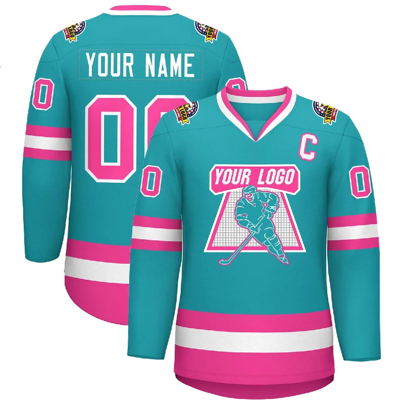 Custom Aqua Pink-White Classic Style Hockey Jersey Refined Men's Hand