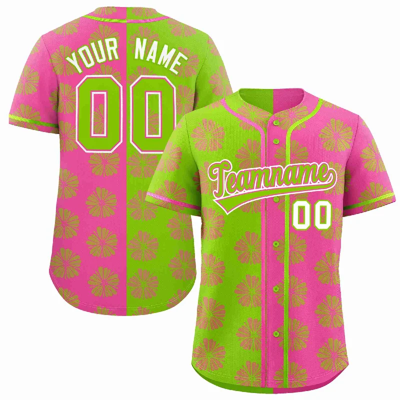 Custom Neon Green Pink Split Fashion Flower Graffiti Pattern Authentic Baseball Jersey Dapper Men's 1920S