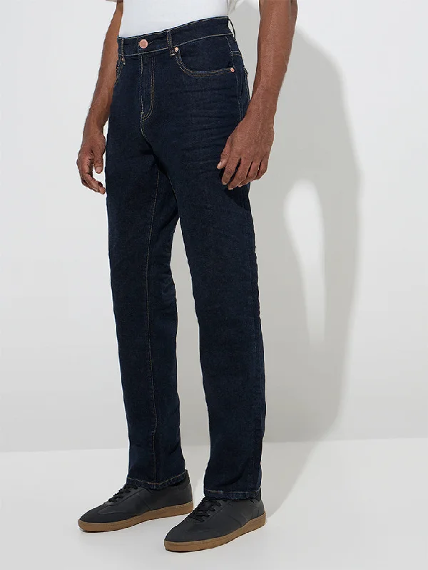 WES Casuals Dark Blue Relaxed - Fit Mid - Rise Denim Jeans Dynamic Men's High