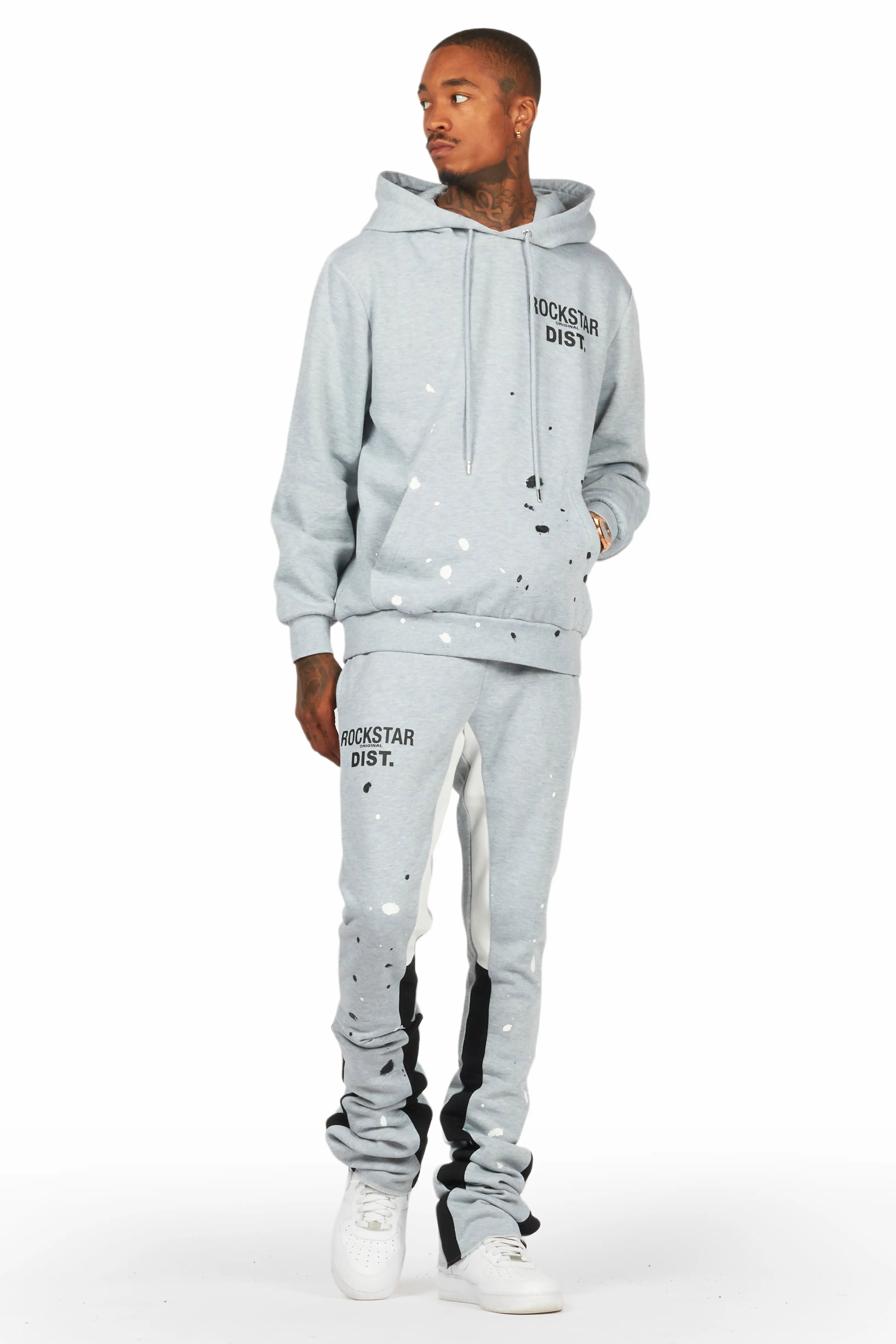 Jaco Heather Grey Hoodie/Super Stacked Flare Pant Track Set Monochromatic Office Style