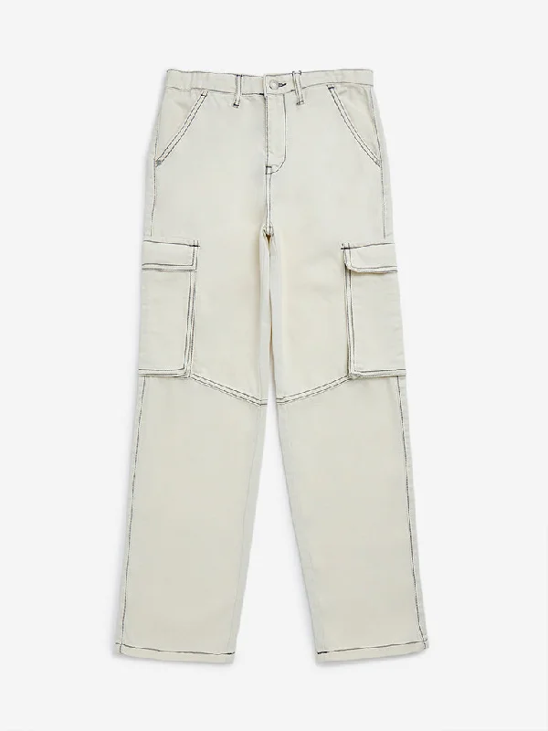 Y&F Kids Off-White Mid-Rise Cotton Pants Casual Men's Japanese 