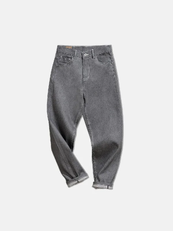 Red Ear Washed-out Grey Denim Pants Cool Men's Distressed