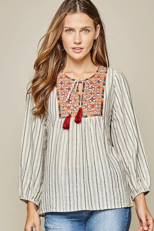 Boho Inspired Embroidered Top Monochromatic All