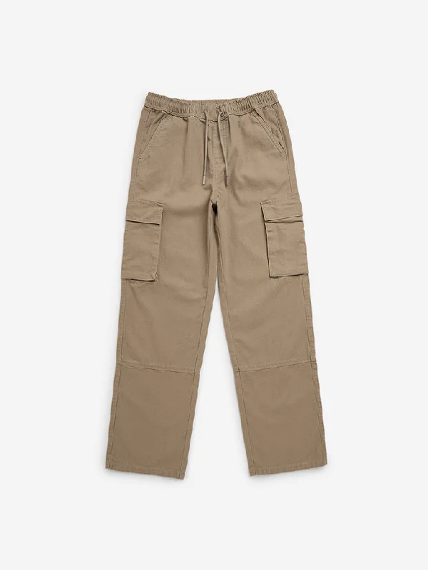 Y&F Kids Taupe Cargo-Style Mid-Rise Cotton Trousers Traditional Men's Wool