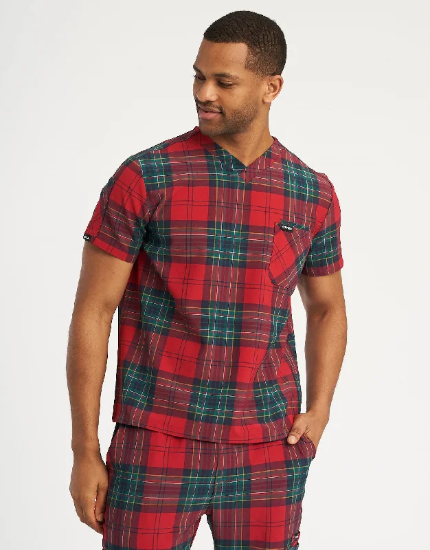 Essential V Neck Scrub Top - Christmas Red Tartan Rugged Men's Outdoor 