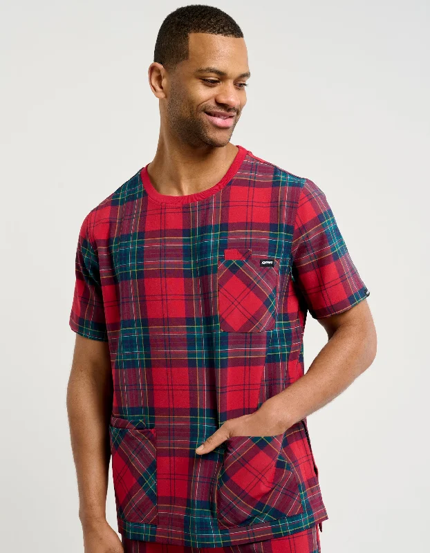 Essential Crewneck Scrub Top - Christmas Red Tartan Masculine Men's 