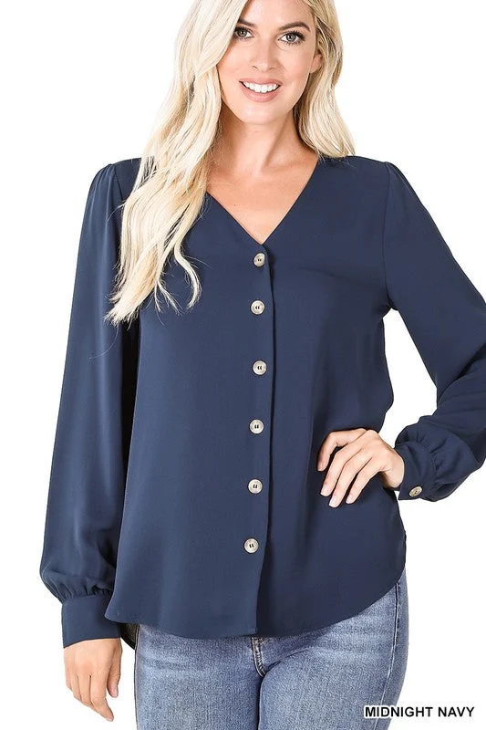 Puff Sleeve Button Up Blouse (Navy) Earthy Men's Hemp