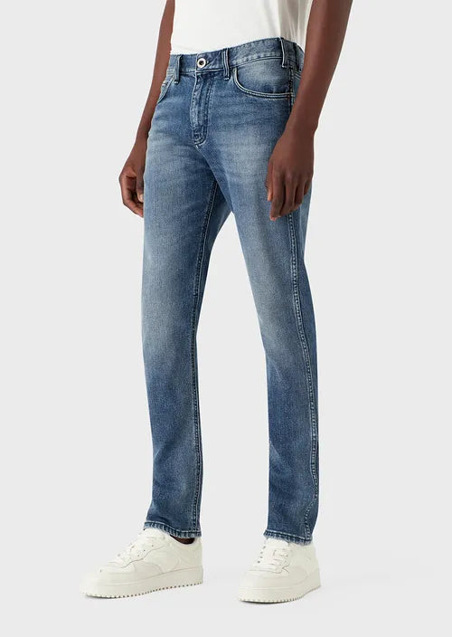 Emporio Armani J16 Slim-fit, stone-washed, vintage-look, denim jeans-Blue Vacation