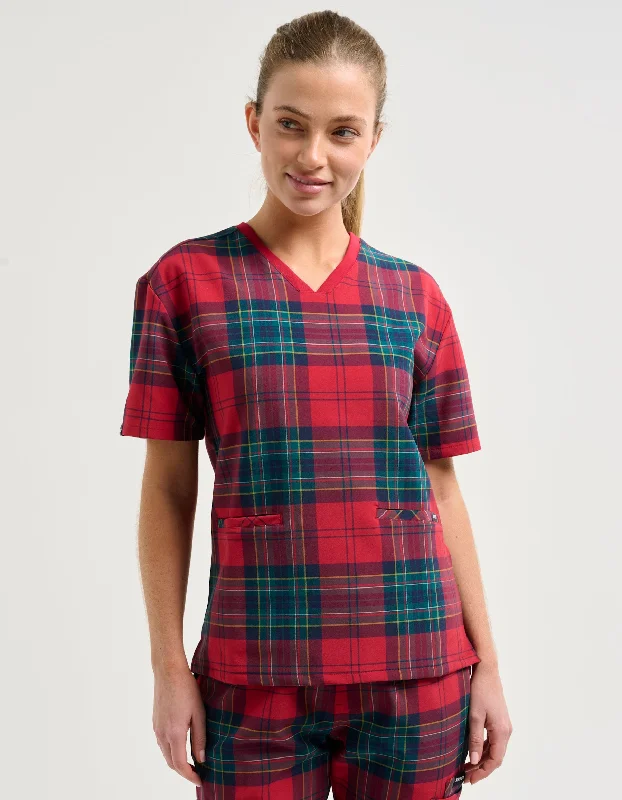 Essential V Neck Scrub Top - Christmas Red Tartan Modern Men's Geometric