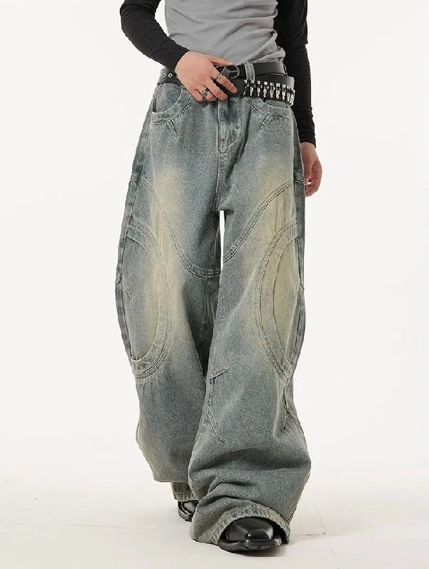 Washed Curved Stitches Wide Leg Jeans Dynamic Men's Glow