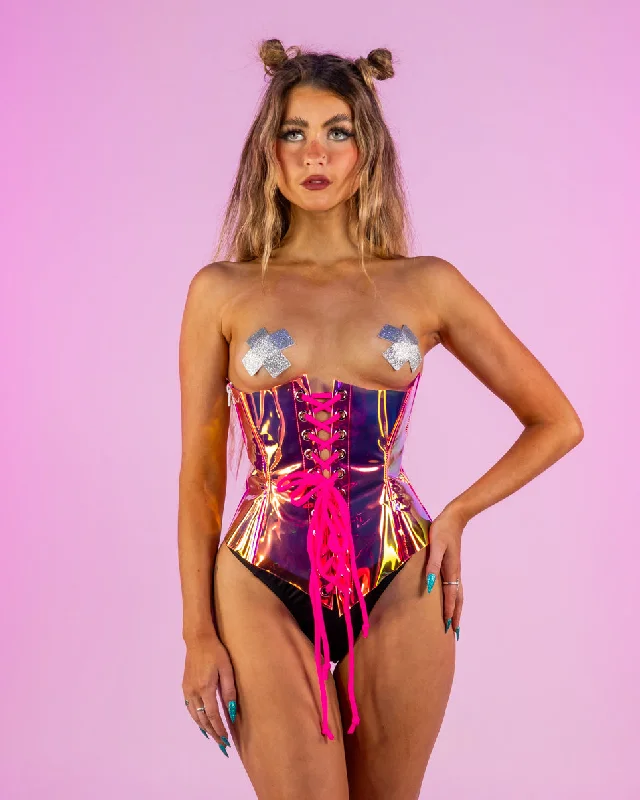 Hot Pink Vinyl Holographic Corset Waist Cincher Traditional Men's Country