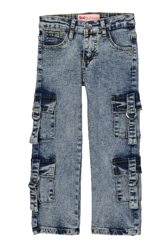 Little Girls Acid Wash Tabbed Cargo Pocket Jeans Unique Men's Upcycled