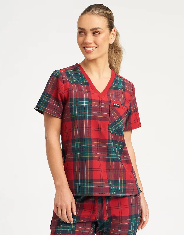 Essential One Pocket V Neck Scrub Top - Christmas Red Tartan Laid