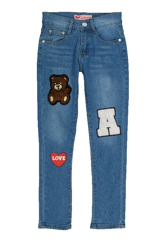 Girls Bear Graphic Chenille Patch Skinny Jeans Tailored